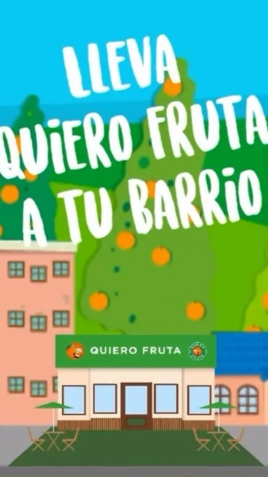 Ilustración de la campaña «Llevá Quiero Fruta a tu barrio»: un local de Quiero Fruta sobre el mapa de Paraguay lleno de naranjos